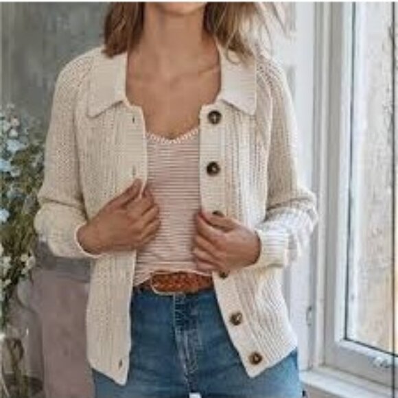 Garnet Hill Womens Button-Front Knit Cardigan Sweater M Linen & Organic Cotton B - Picture 1 of 6